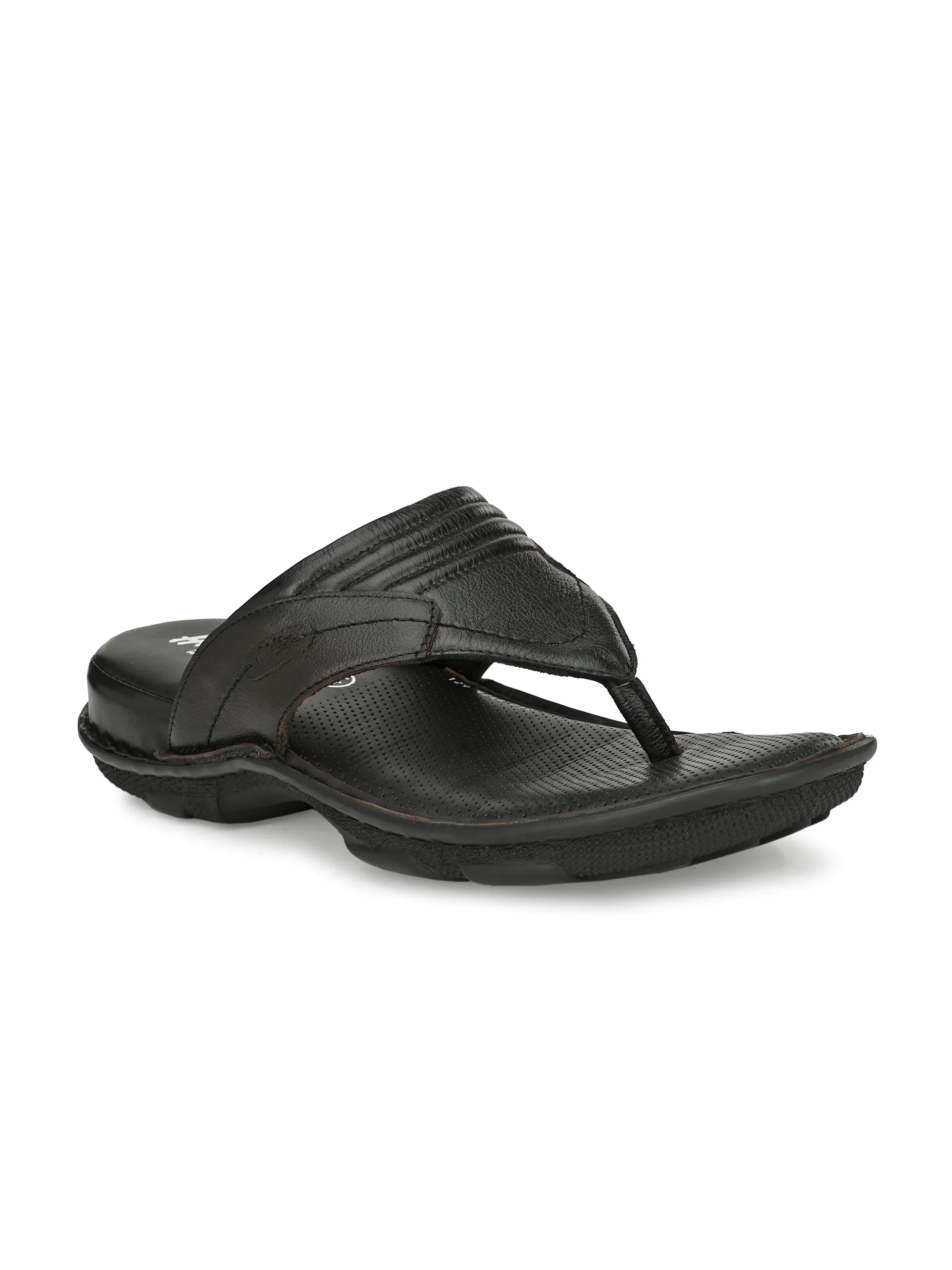 Hitz Men's Black Leather Open Toe Comfort Slippers