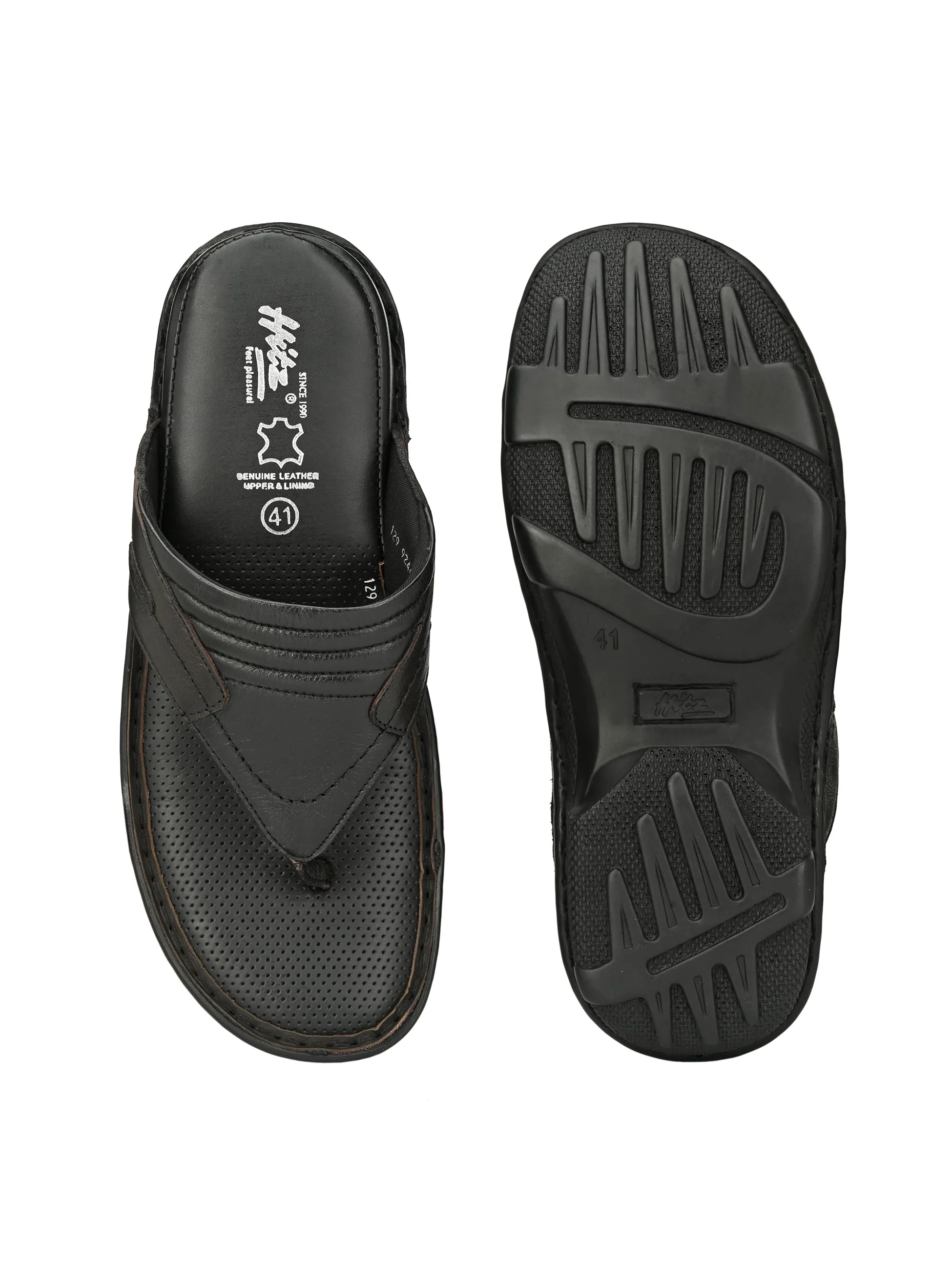 Hitz Men's Black Leather Open Toe Comfort Slippers