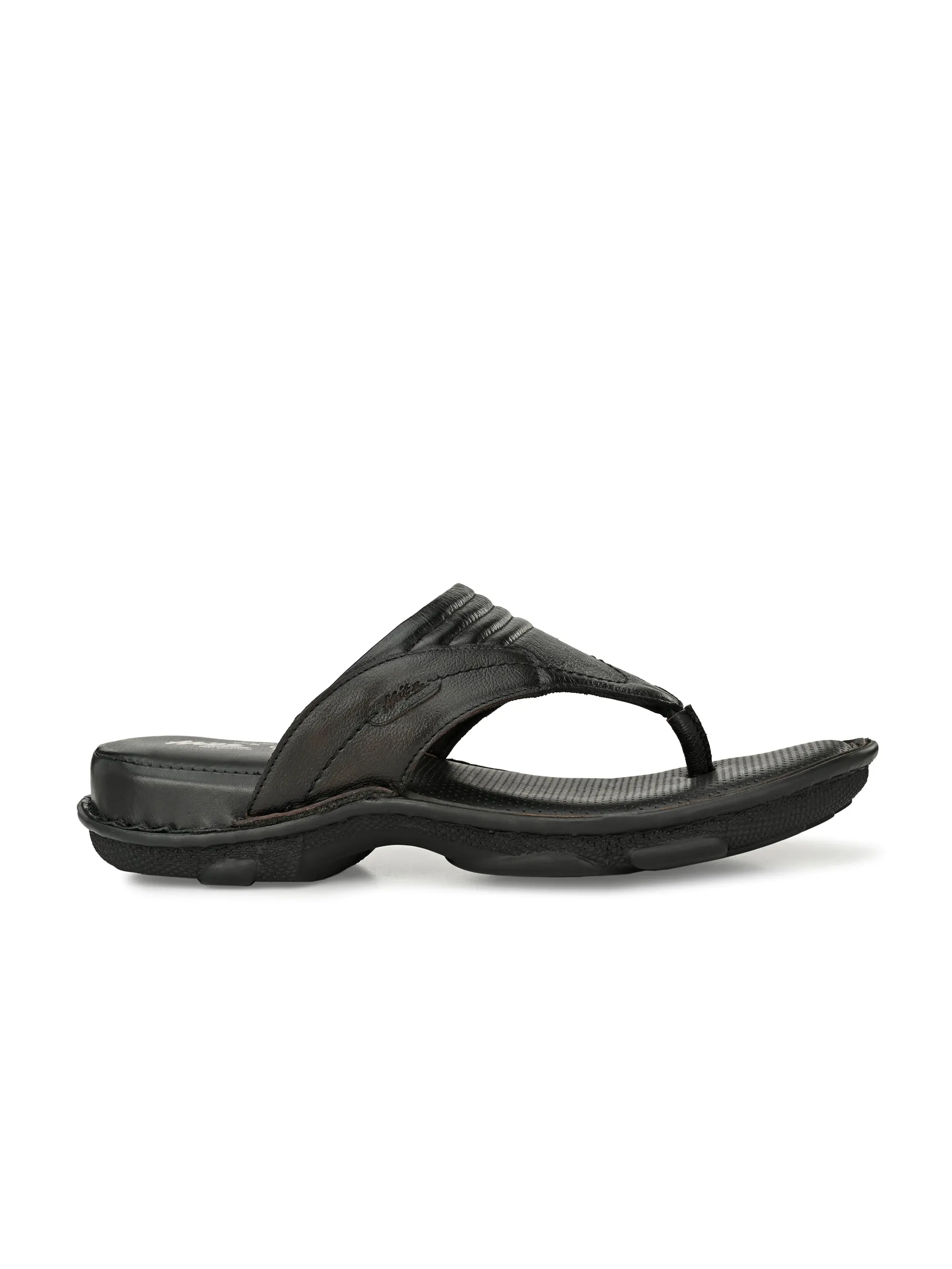 Hitz Men's Black Leather Open Toe Comfort Slippers