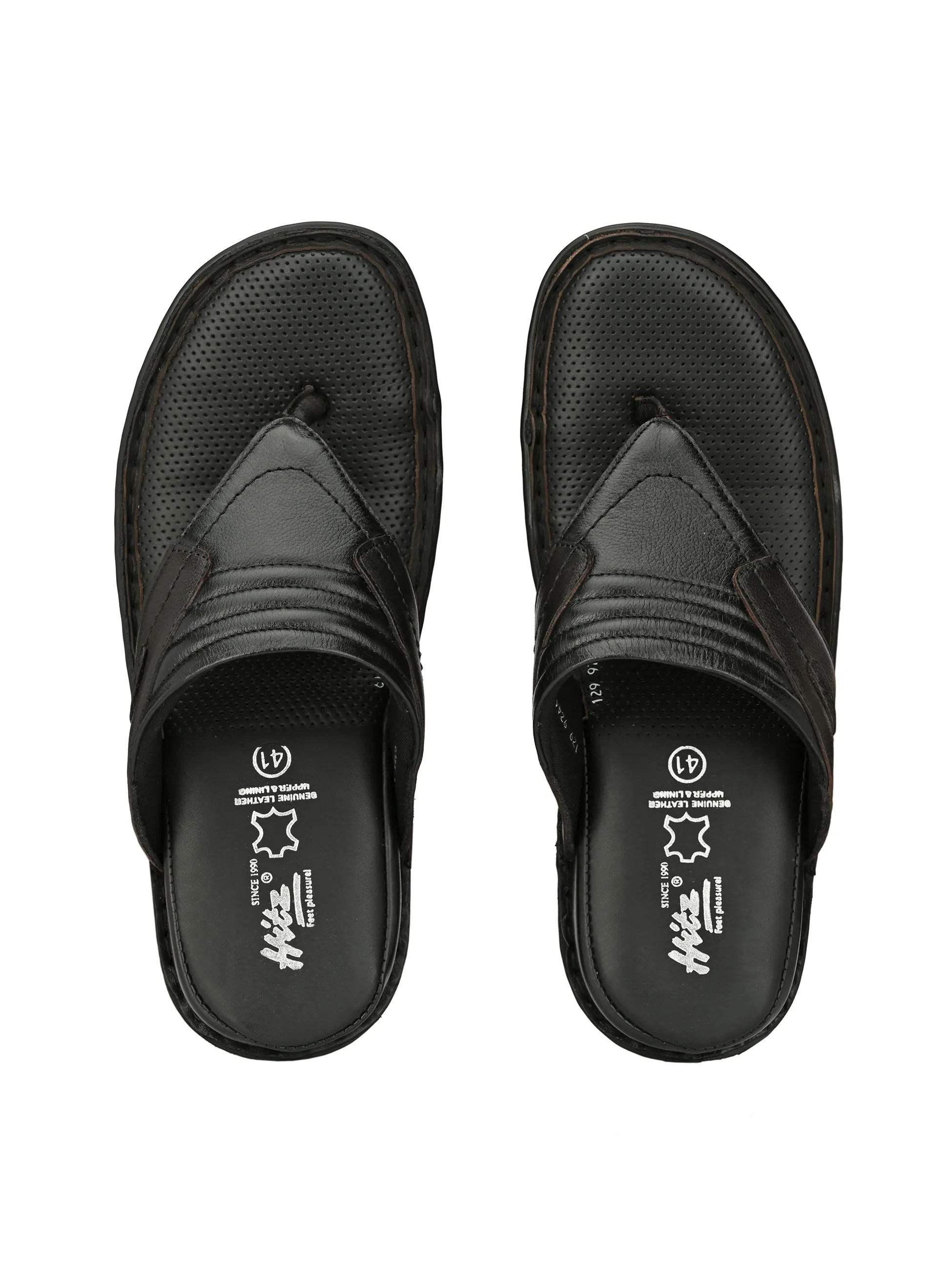 Hitz Men's Black Leather Open Toe Comfort Slippers