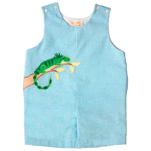 Iguana Applique Turquoise Gingham Seersucker Romper