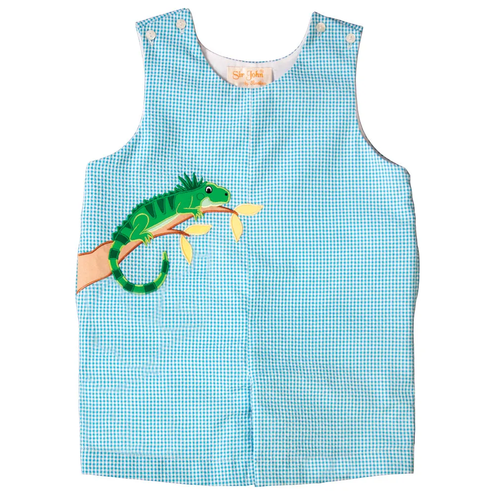 Iguana Applique Turquoise Gingham Seersucker Romper