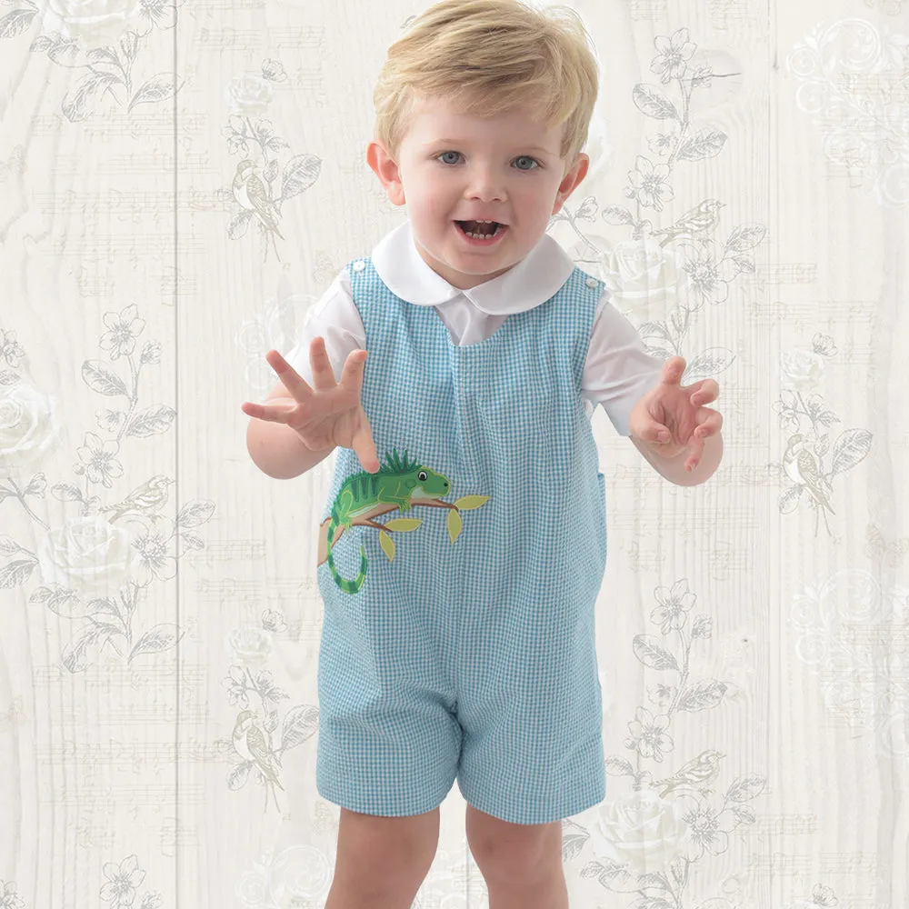 Iguana Applique Turquoise Gingham Seersucker Romper