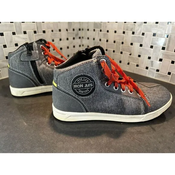 IRON JIA'S Motorcycle Shoes Hi Top Boot Gray Canvas Side Zipper Lace Up‎ US 7
