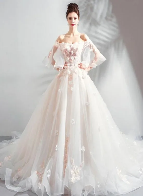 Ivory Tulle Ball Gown Sweetheart Flower Lace Long Evening Gown Party Dress, Ivory Quinceanera Dress