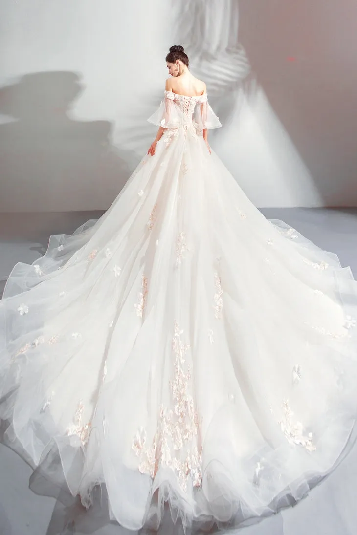 Ivory Tulle Ball Gown Sweetheart Flower Lace Long Evening Gown Party Dress, Ivory Quinceanera Dress