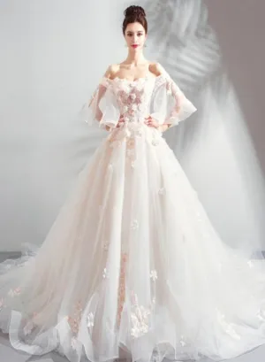 Ivory Tulle Ball Gown Sweetheart Flower Lace Long Evening Gown Party Dress, Ivory Quinceanera Dress