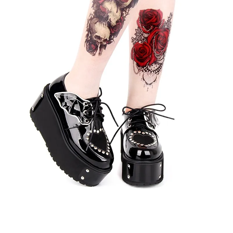 Japanese Harajuku Gothic Punk Lolita Autumn Winter Girls Shoes Thick Heel Platform  Lace-up Shoes