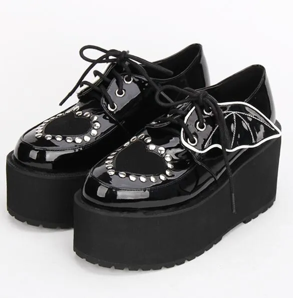 Japanese Harajuku Gothic Punk Lolita Autumn Winter Girls Shoes Thick Heel Platform  Lace-up Shoes