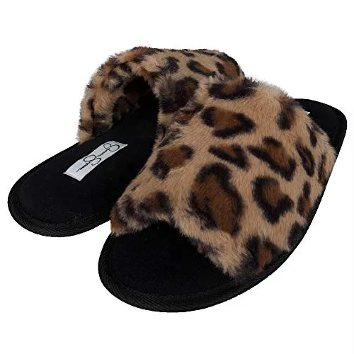 Jessica Simpson womens Plush Faux Fur Fuzzy Slide on Open Toe With Memory Foam Slipper, Leopard, Large US