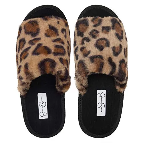 Jessica Simpson womens Plush Faux Fur Fuzzy Slide on Open Toe With Memory Foam Slipper, Leopard, Large US