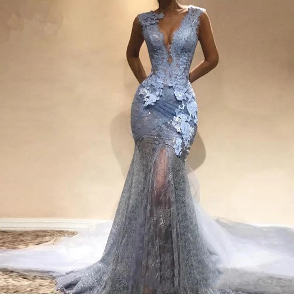 Lace Deep V Neck Sheath Long Prom Dresses Mermaid Appliques Evening Dresses Prom