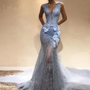 Lace Deep V Neck Sheath Long Prom Dresses Mermaid Appliques Evening Dresses Prom