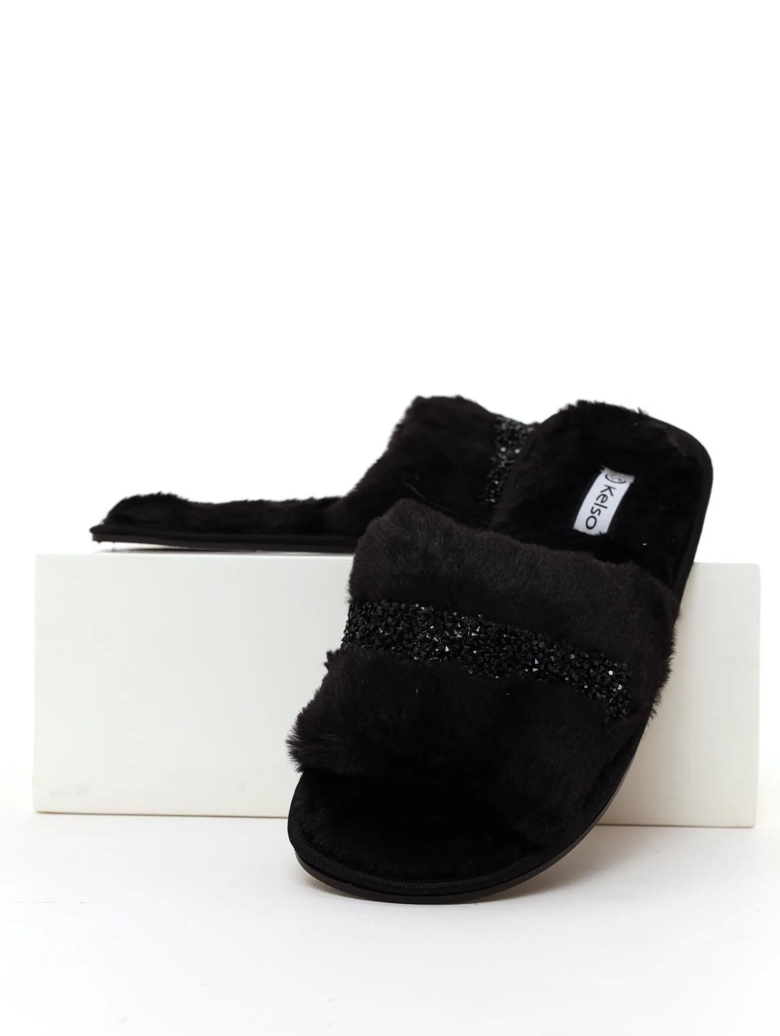 Ladies Fur Open-Toe Slipper - Black