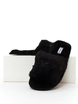 Ladies Fur Open-Toe Slipper - Black