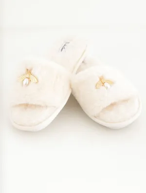 Ladies Open Toe Bee Jewel Slipper - Cream