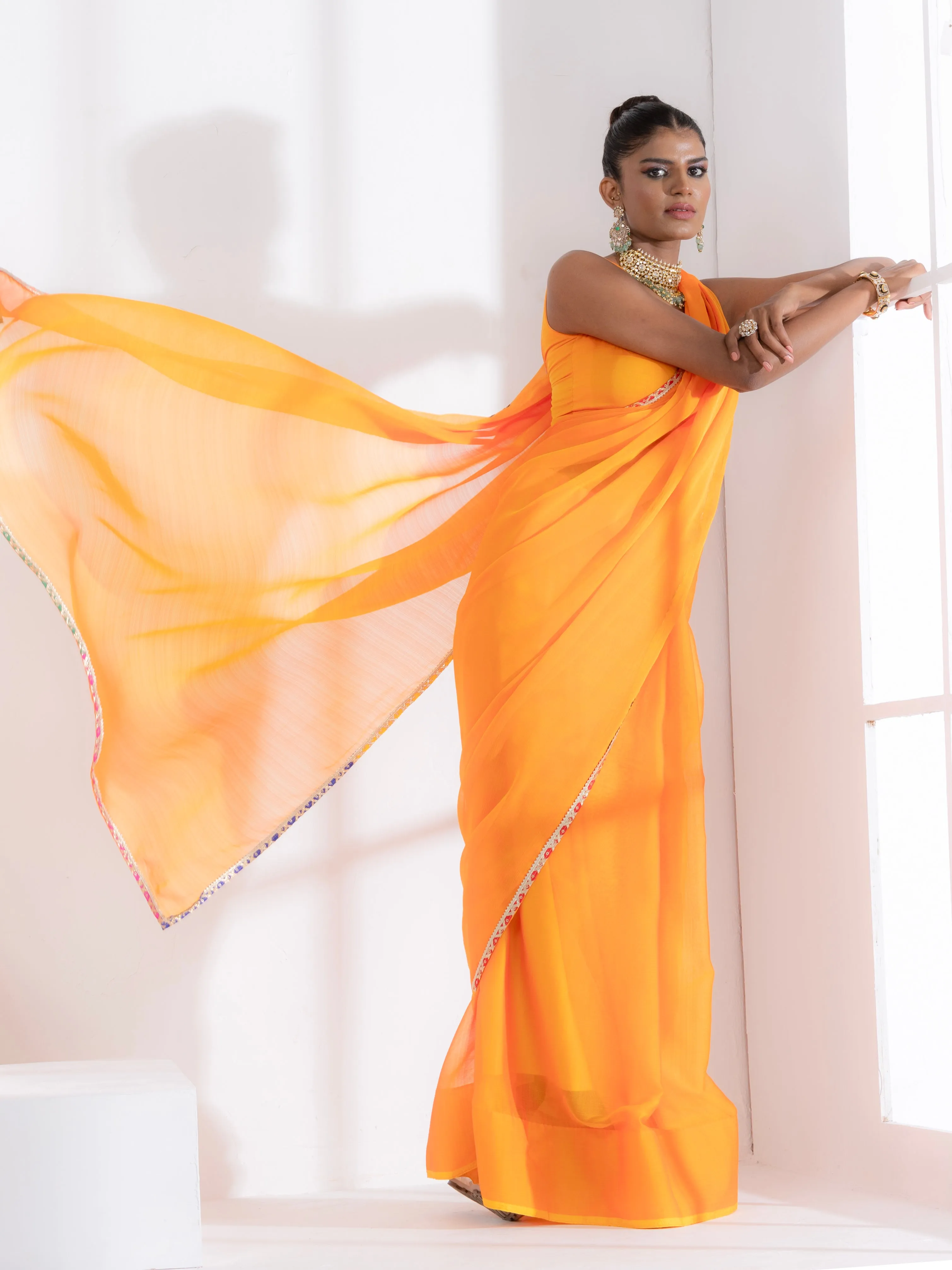 Lady Danger Orange Yellow Dual Shade Chiffon Saree with Lace and Self-Blouse Fabric