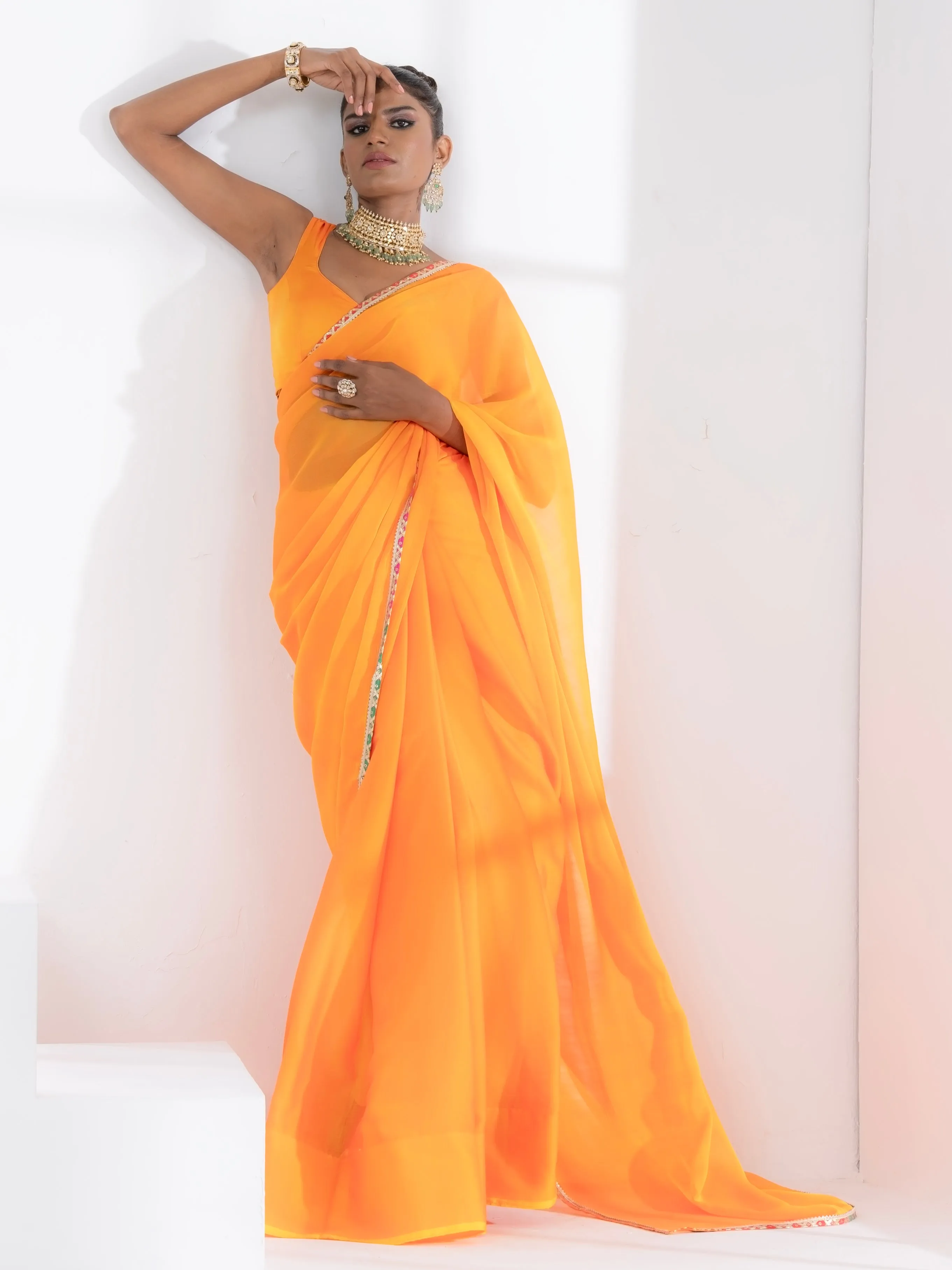 Lady Danger Orange Yellow Dual Shade Chiffon Saree with Lace and Self-Blouse Fabric