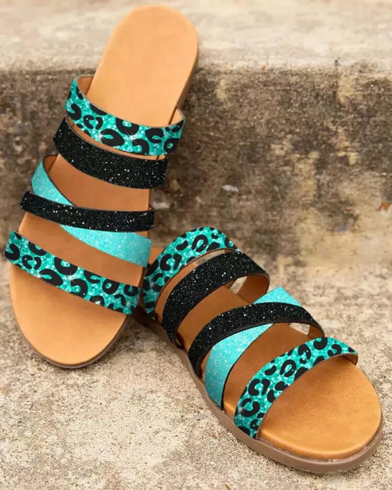 Leopard Glitter Crisscross Strap Slippers