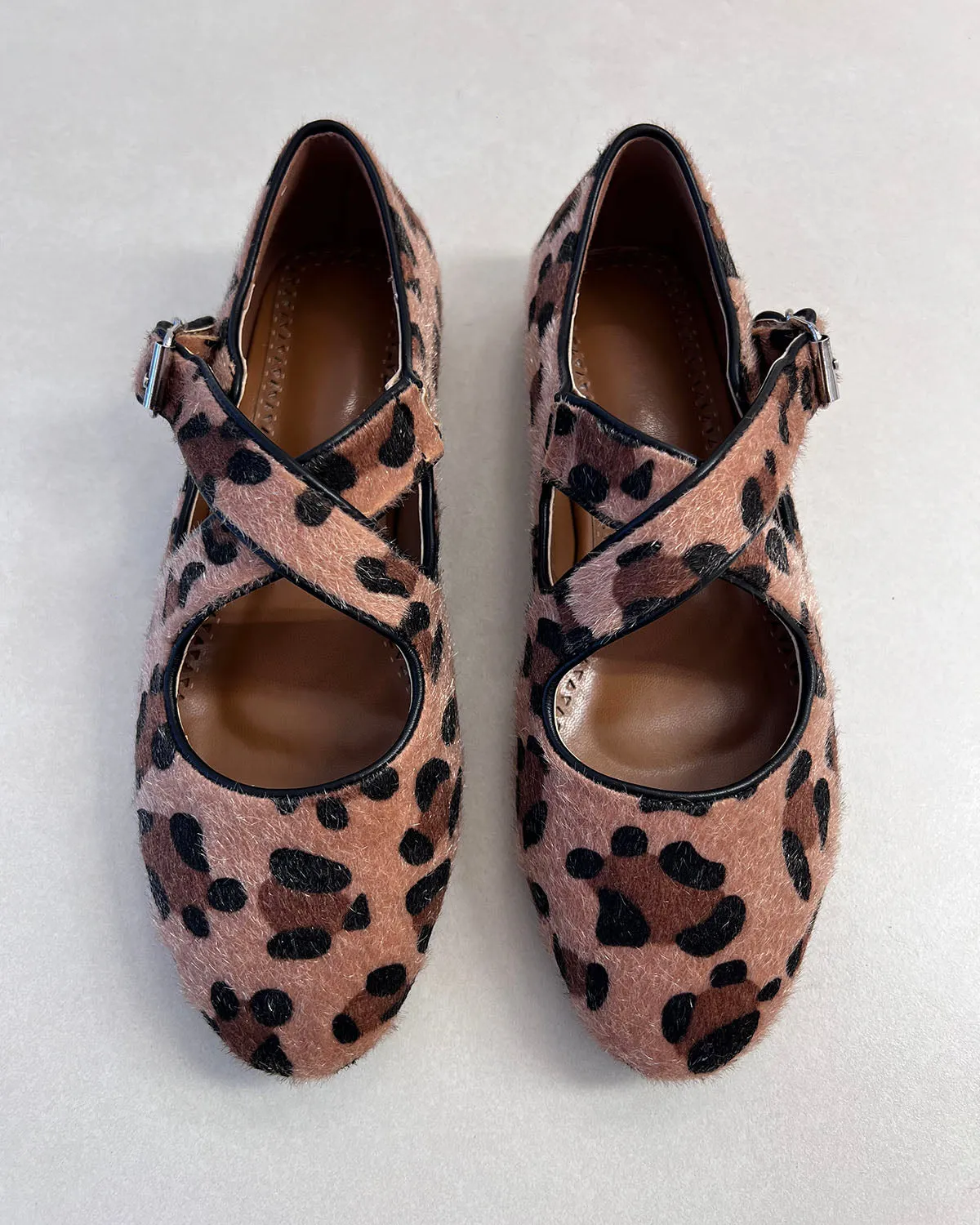Leopard pony hair flat ballet buckle shoes for women