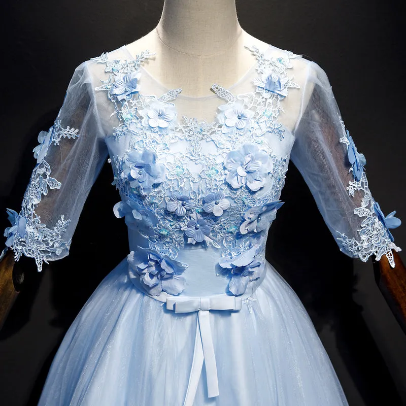 Light Blue Short Sleeves with Lace Flowers Long Sweet 16 Dress, Blue Party Dresses
