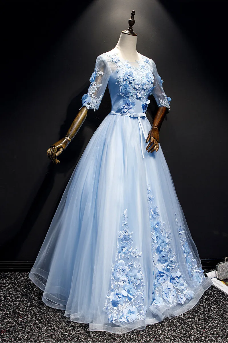Light Blue Short Sleeves with Lace Flowers Long Sweet 16 Dress, Blue Party Dresses
