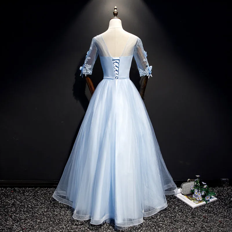 Light Blue Short Sleeves with Lace Flowers Long Sweet 16 Dress, Blue Party Dresses