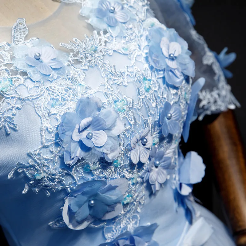 Light Blue Short Sleeves with Lace Flowers Long Sweet 16 Dress, Blue Party Dresses