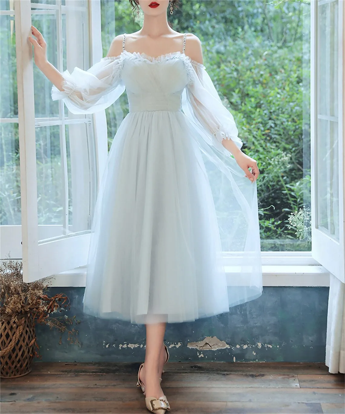 Light Blue Tea Length Party Dress with Puffy Sleeves, Charming Blue Formal Dresses