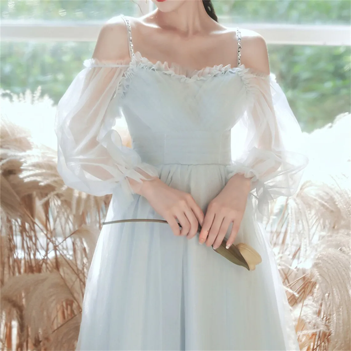 Light Blue Tea Length Party Dress with Puffy Sleeves, Charming Blue Formal Dresses