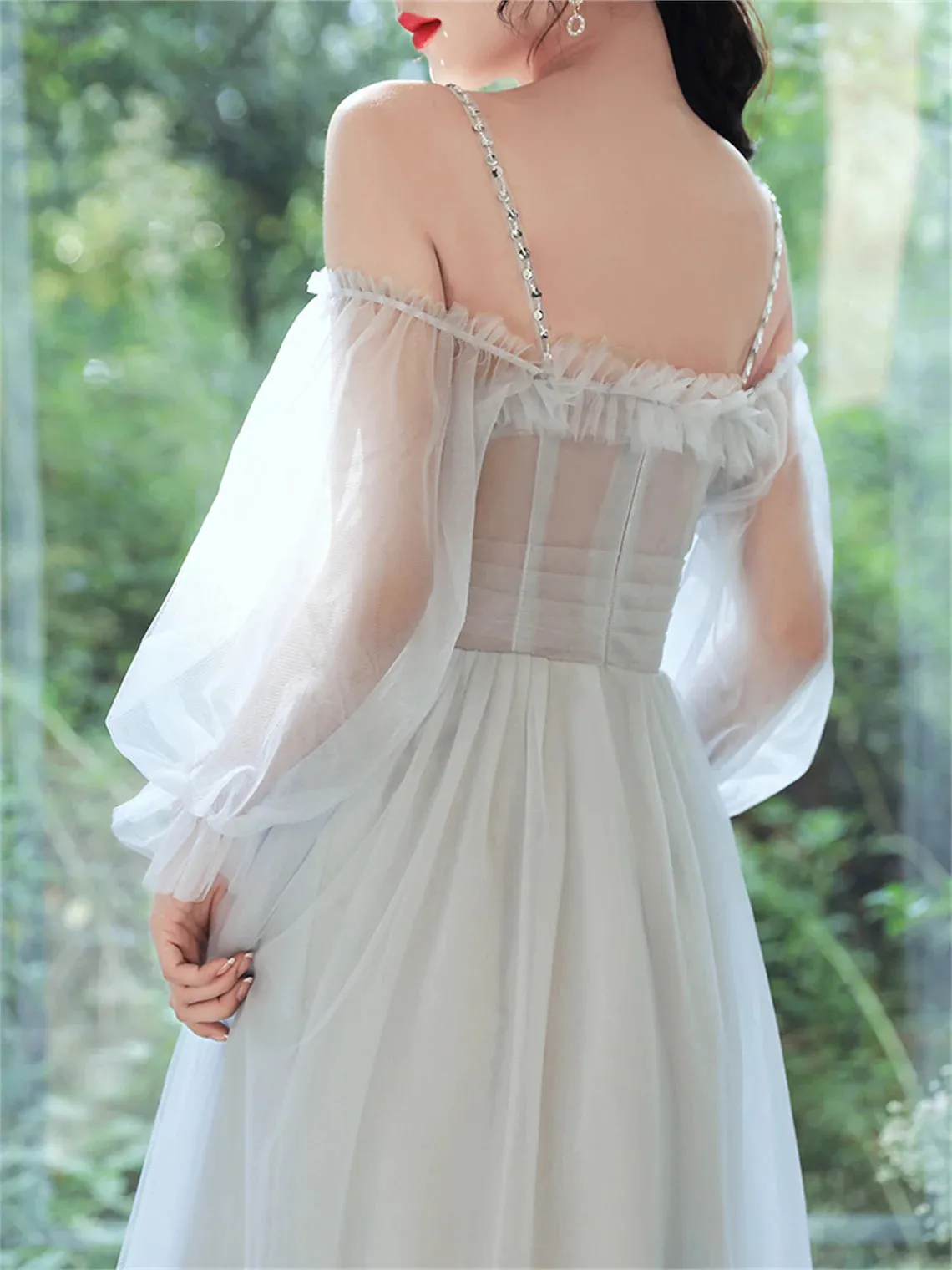 Light Blue Tea Length Party Dress with Puffy Sleeves, Charming Blue Formal Dresses