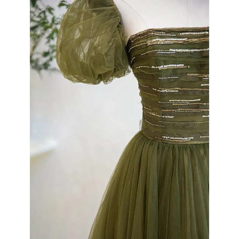 Light Green Short Sleeves Tulle Sequins Long Junior Prom Dress, Green Party Dresses