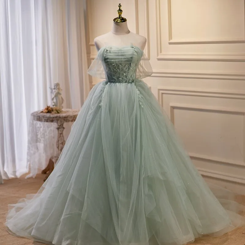 Light Green Tulle Beaded Ball Gown Off Shoulder Party Dress, Green Sweet 16 Dress