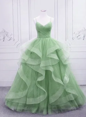 Light Green Tulle Layers Long Formal Dress, Green Tulle with Straps Party Dress