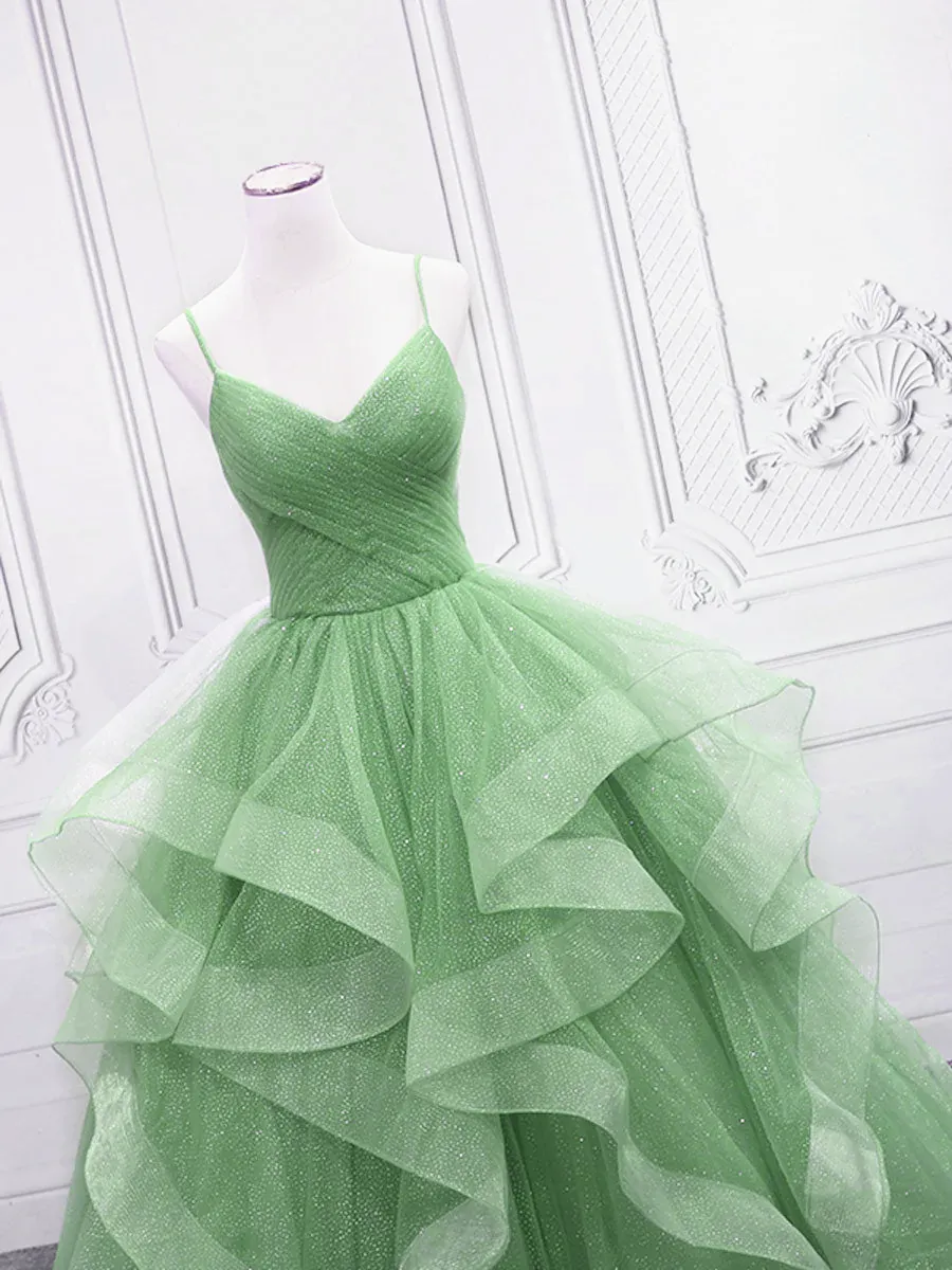 Light Green Tulle Layers Long Formal Dress, Green Tulle with Straps Party Dress