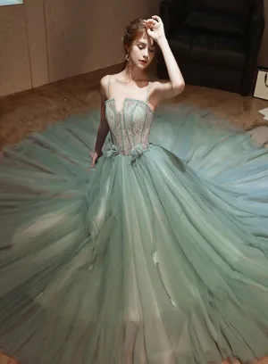 Light Green Tulle Long Party Dress Prom Dress, Straps A-line Evening Gowns