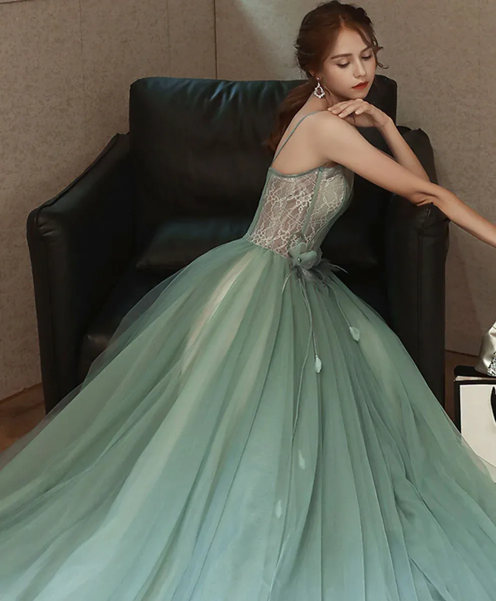 Light Green Tulle Long Party Dress Prom Dress, Straps A-line Evening Gowns