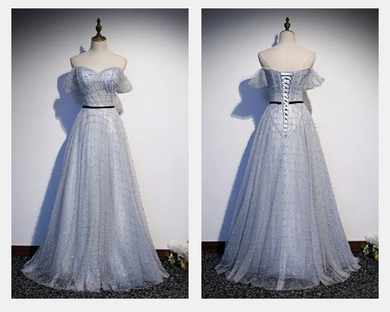 Light Grey Sweetheart Off Shoulder Long Party Dress, A-line Tulle Prom Dress Evening Dress