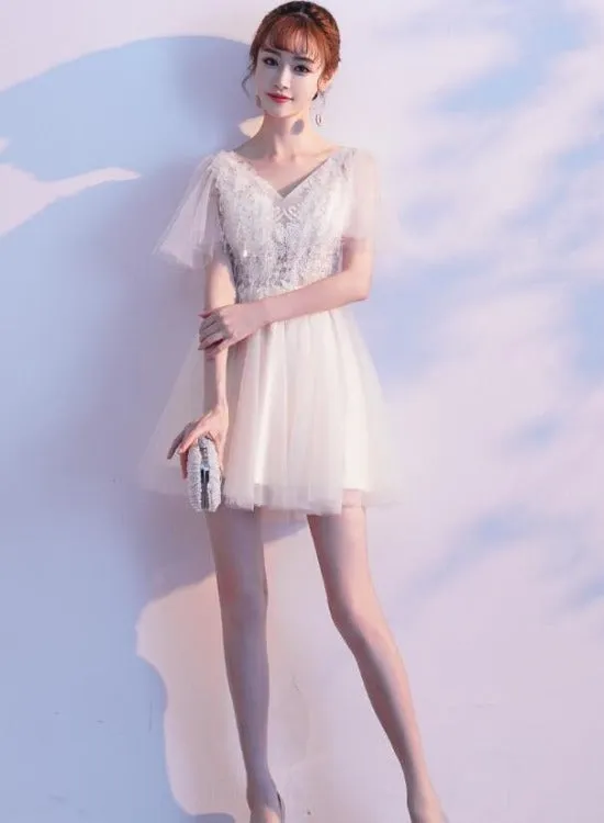 Lovely Ivory Tulle and Lace Mini Short Party Dress Graduation Dress, Cute Short Prom Dress