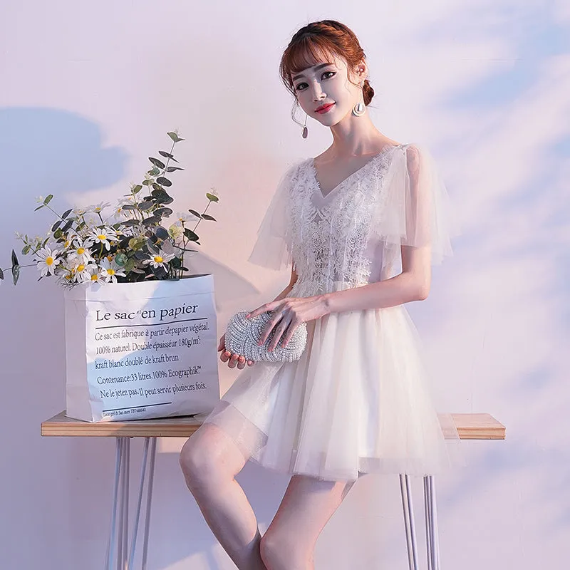 Lovely Ivory Tulle and Lace Mini Short Party Dress Graduation Dress, Cute Short Prom Dress
