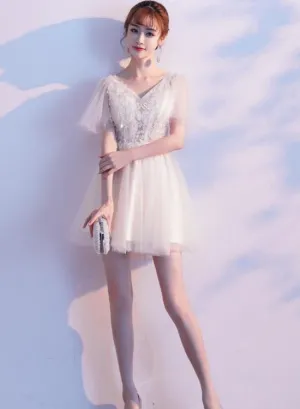 Lovely Ivory Tulle and Lace Mini Short Party Dress Graduation Dress, Cute Short Prom Dress