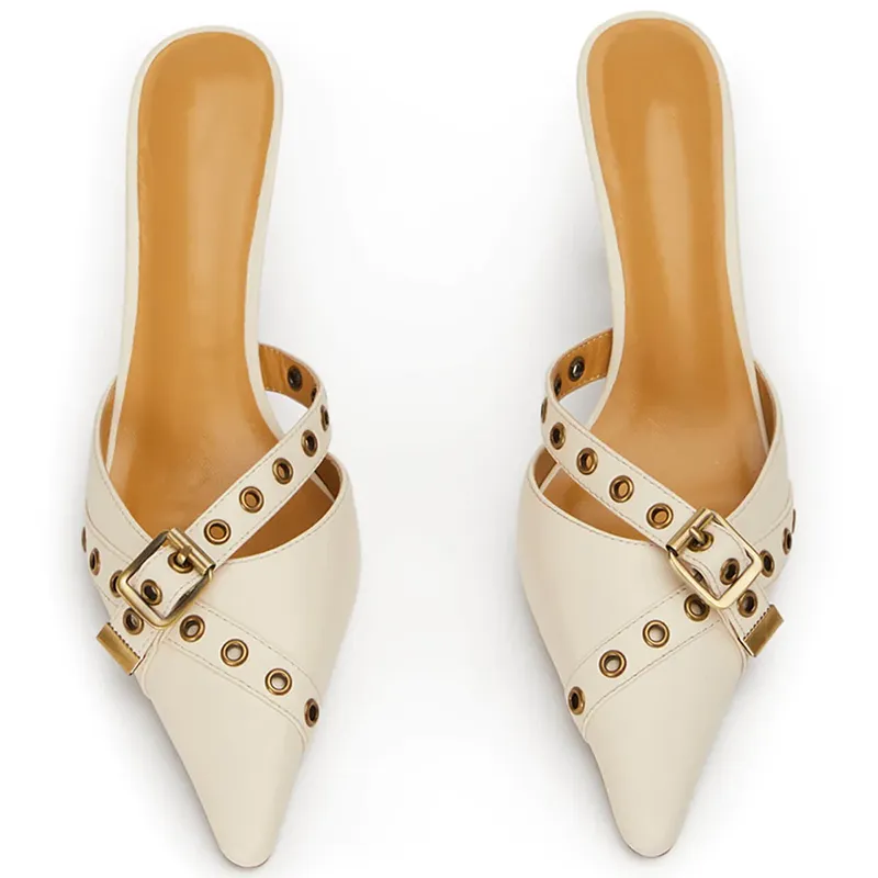 Matte leather pointed toe eyelet buckle mule heels slippers