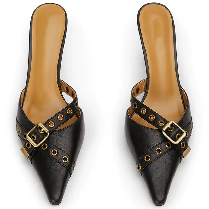 Matte leather pointed toe eyelet buckle mule heels slippers