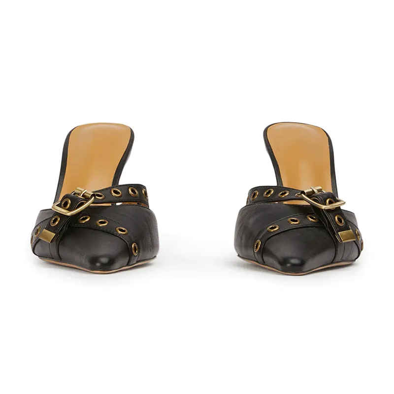 Matte leather pointed toe eyelet buckle mule heels slippers