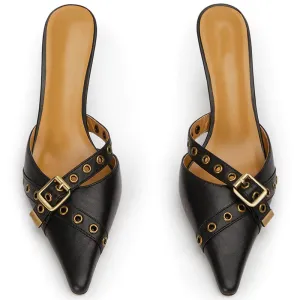 Matte leather pointed toe eyelet buckle mule heels slippers