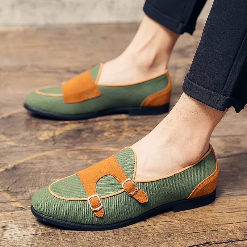 Men's Canvas Leather Buckles Decor Casual Dress Shoes