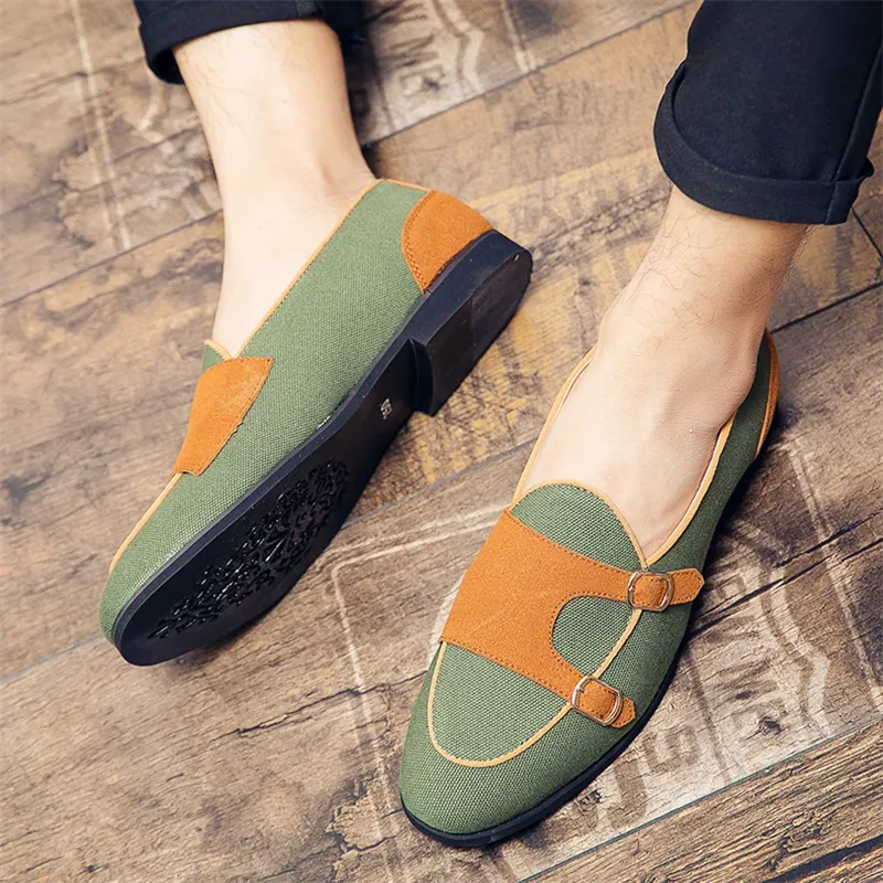 Men's Canvas Leather Buckles Decor Casual Dress Shoes
