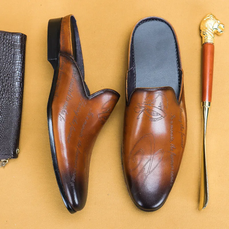 Men's Leather Carved Closed-Toe Slippers Men's Outdoor Fashion Leather Shoes Loafers men slippers68132