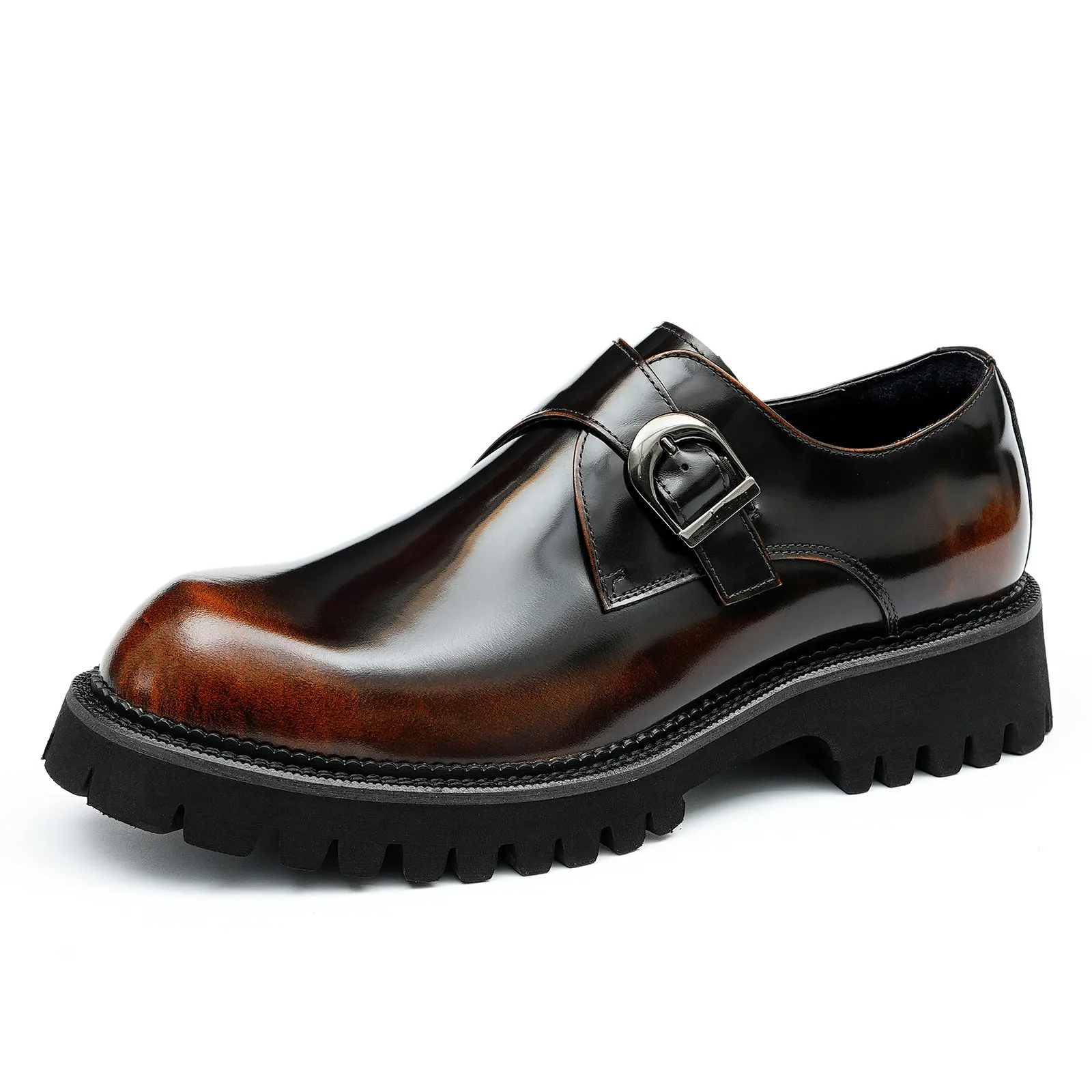 Men's Thick-Soled Leather Shoes British Business Casual Leather Buckle Monk Shoes British Pointed Glossy Dress Shoes23681