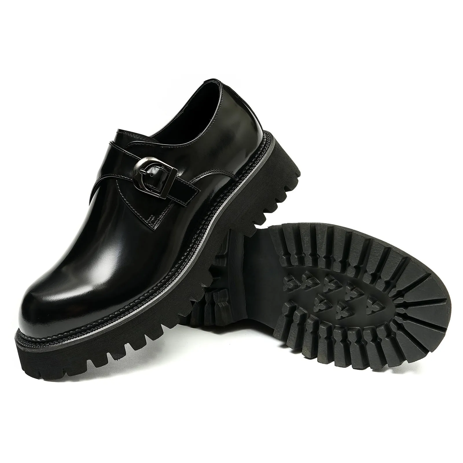 Men's Thick-Soled Leather Shoes British Business Casual Leather Buckle Monk Shoes British Pointed Glossy Dress Shoes23681